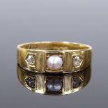 A Victorian 18ct gold 3-stone pearl and diamond ring, setting height 6mm, size Q, 2.6g