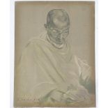 Jacob Kramer, print, portrait of Gandhi, signed with dedication and dated 1933, sheet size 11" x 8.