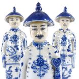 A set of 3 Chinese blue and white porcelain standing figures, height 26cm