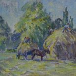 Wieslaw Pilawski (born 1916), oil on board, impressionist harvest scene, 10" x 14.5", framed