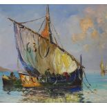 Mid-20th century oil on canvas, Mediterranean fishing boats, indistinctly signed, 23" x 36", framed