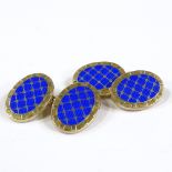 A cased pair of Aspinal of London silver-gilt and blue enamel cufflinks, panel height 19mm