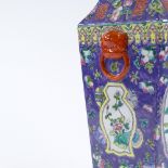 A Chinese purple ground porcelain square-section vase, with painted panels, height 46cm