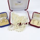 Pearl jewellery, including 2 9ct pearl earrings and necklace (3)