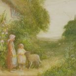 Fred Hines, watercolour, 2 girls with a lamb, 15" x 10.5", framed