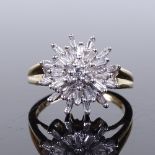 A 9ct gold diamond cluster cocktail ring, setting height 14.7mm, size O, 4.6g