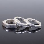 A set of 3 sterling silver Gucci stacking rings, of geometric form, larges band width 5.5mm, size O,