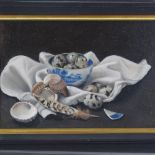 Jacqueline Taber (born 1946), oil on canvas, quails eggs, New Grafton Gallery label verso, 10" x