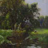 John Noble Barlow ROI RWA (1861 - 1917), oil on canvas, figure beside a stream, 12" x 10", framed