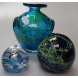 A Mdina glass vase, 5.5", a Mdina paperweight, and a Caithness paperweight