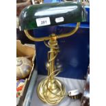 A brass desk lamp with green glass shade, 17.5"