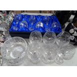 Boxed crystal wine glasses, 6 others, and a fruit bowl