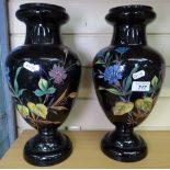 A pair of Edwardian painted glass vases, 14"