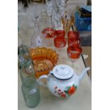 A lustre decanter set, an enamel teapot etc