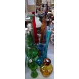 A collection of retro glass decanters and stoppers, vases etc