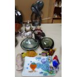 A soapstone sculpture, a Russian cat and seal, glass fish etc