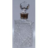 A cut-glass square Whisky decanter with silver collar, H28cm