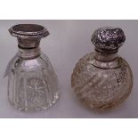 A silver and tortoiseshell mounted cut-glass scent bottle, and an embossed silver-topped scent