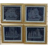 A set of 4 framed etched-glass studies of sailing ships, each 18" wide