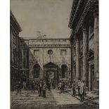 Francis Dodd, etching, courtyard, signed in pencil, plate size, 13" x 10.5", framed