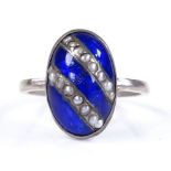 A silver blue enamel and pearl dome panel ring, panel height 15.7mm, size L, 2.6g