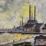 Mid-20th century oil on board, industrial docklands scene, indistinctly signed, 17.5" x 23.5",