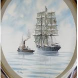 Chris Williams, pair of oval watercolours, tall ships at sea, 20" x 17", framed