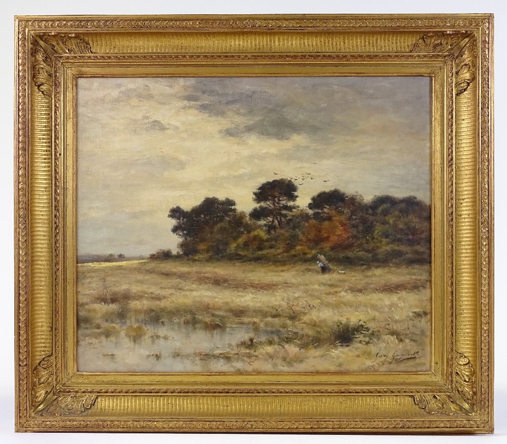 Alexandre Gaston Guignard (1848 - 1922), oil on canvas, Landscape with Faggot Gatherer, 18" x 22", - Image 2 of 5