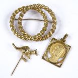 A group of unmarked gold jewellery, including textured twist brooch, religious pendant, and kangaroo