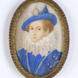 A miniature watercolour portrait of a gentleman wearing a ruff, circa 1900, in gilt-metal frame,