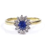 An 18ct gold sapphire and diamond cluster ring, setting height 8.9mm, size K, 2.8g