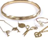 Various gold jewellery, including 9ct hinged bangle, pearl ring, bracelet etc, 10.5oz weighable