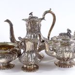 A William IV silver 4-piece tea set, with relief embossed floral decoration and cast-silver flower