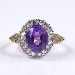 A 9ct gold amethyst and diamond cluster ring, setting height 14.2mm, size M, 4.4g