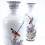 A pair of Chinese white glaze porcelain vases, with hand painted birds, flowers and text, height