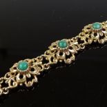 A 9ct gold turquoise panel bracelet, with pierced foliate settings, set with cabochon turquoise,
