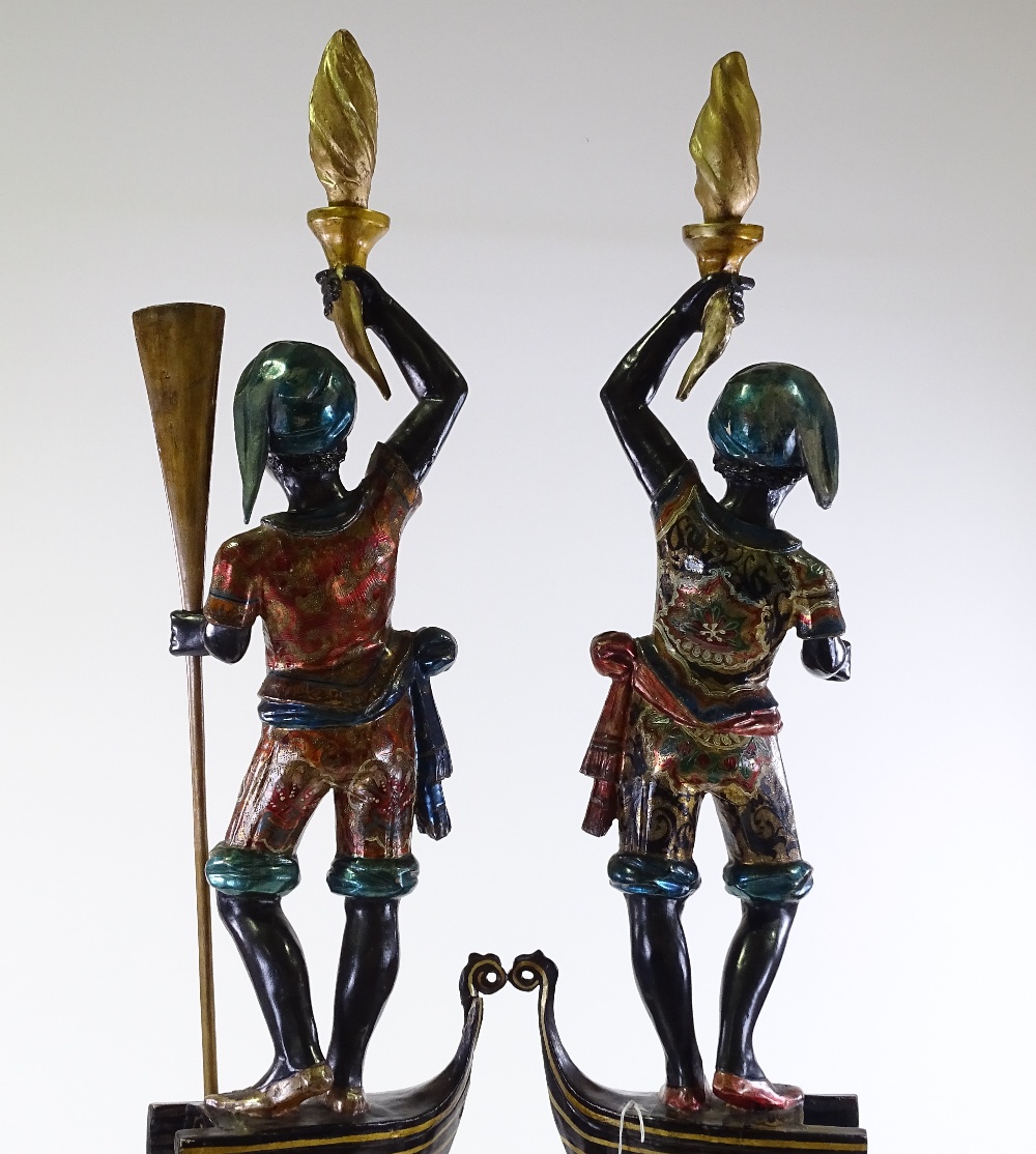 A pair of Italian carved and painted wood gondolier torchere figures, on gilded octagonal pedestals, - Image 3 of 3