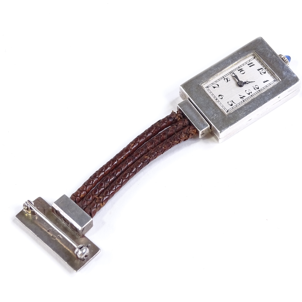 An Art Deco Swiss silver P Didisheim fob lapel watch, 15 jewel mechanical movement with green - Image 2 of 5