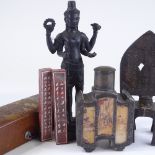 A group of Oriental items, including an Indian bronze 4-armed deity, height 29cm (5)