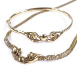 A 9ct gold leopard design necklace and bangle set, bangle diameter 62mm, necklace length 43cm, 17.2g