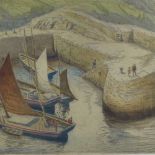 Mid-20th century coloured etching, Boscastle, indistinctly signed in pencil, plate size 12" x 17.5",