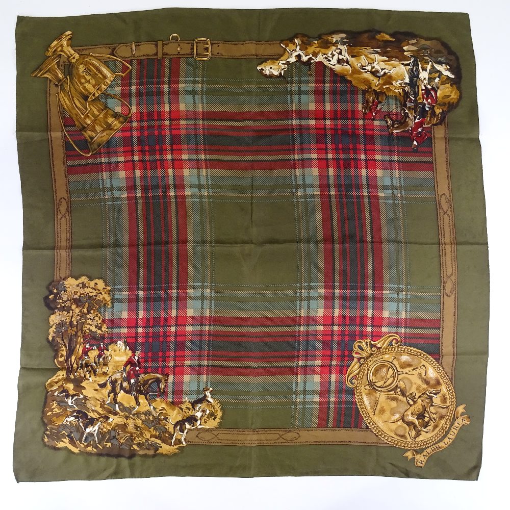 A Ralph Lauren hunting design silk scarf, on olive green ground, 90cm x 90cm - Image 2 of 3