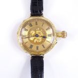 A 14ct gold Officer fob wristwatch, floral engraved case and face, case no. 261797, case width 31mm,