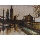 Oil on canvas, barges on a canal, indistinctly signed, 20" x 40", framed