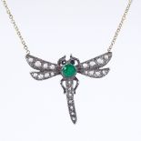 An unmarked gold emerald, sapphire and rose-cut diamond butterfly pendant necklace, on 18ct gold