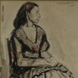 Stalker Miller, ink/watercolour, Spanish girl, 1939, 16" x 11", framed