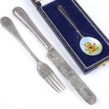 A bright-cut silver knife and fork set, with beaded edge, together with a boxed silver and enamel