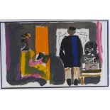 French School, lithograph, circa 1960s, figures in an interior, indistinctly signed, 11" x 17",