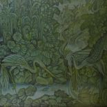 Balinese School, gouache on linen laid on board, birds at river, signed Kt Balik, 35" x 48", framed