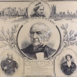 A Victorian commemorative printed textile panel, in memoriam William Gladstone 1809 - 1898,